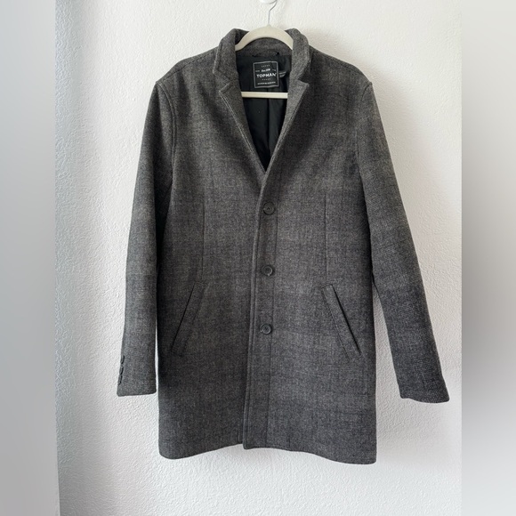 Top Man Plaid Gray Overcoat Wool Blend Slim Fit Size M - Picture 2 of 9